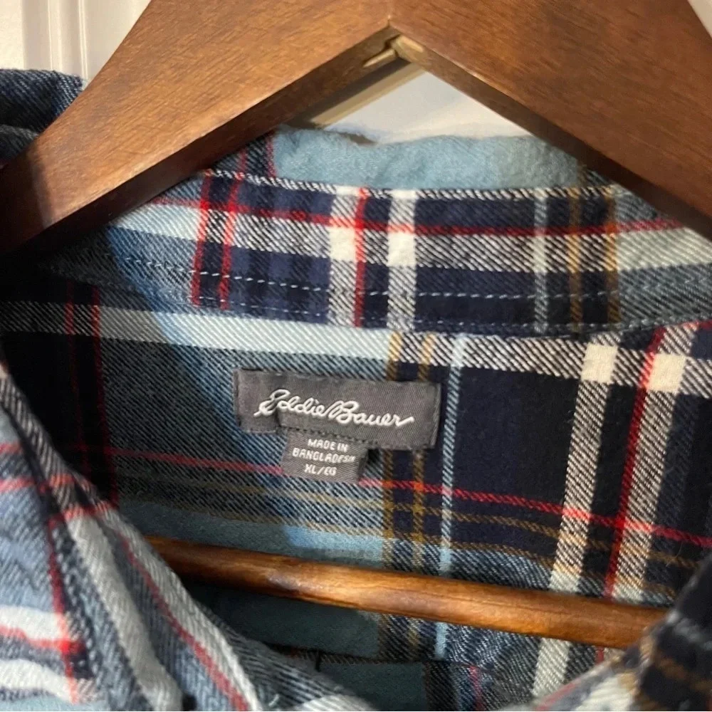 Eddie Bauer Men’s Button Down‎ Flannel Blue Plaid Size XL - Picture 7 of 13